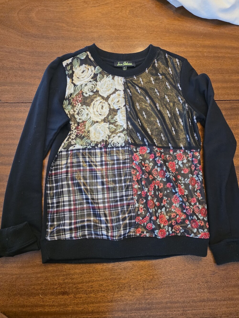 Sam Edelman Black Patchwork Floral Plaid Sweatshirt